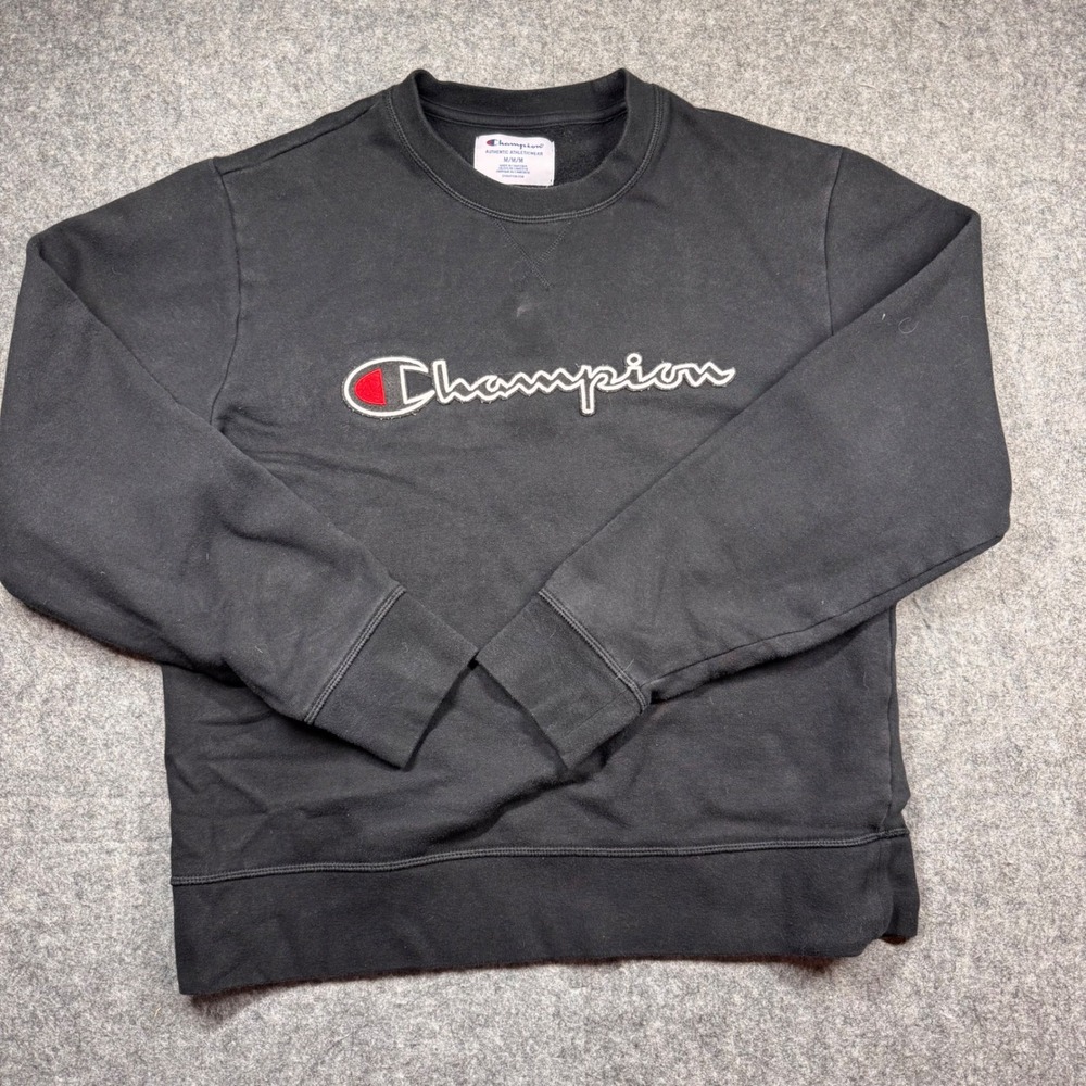 Champion Mens Crewneck Sweatshirt‎ Black Script Logo Embroidered Pullover Medium